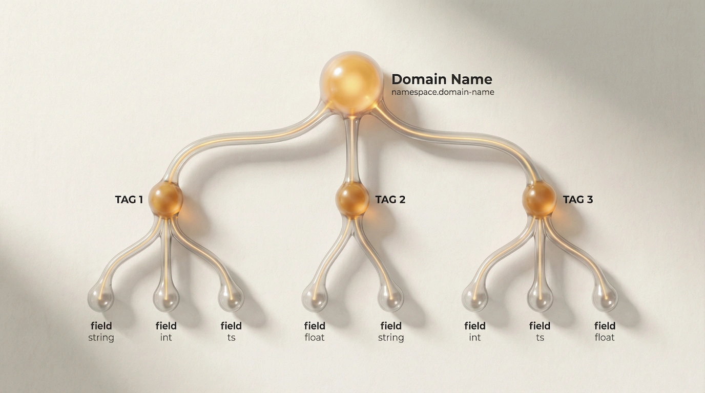 Domain → Tag → Field — the three-level hierarchy that organises every schema in the YounndAI Domains registry