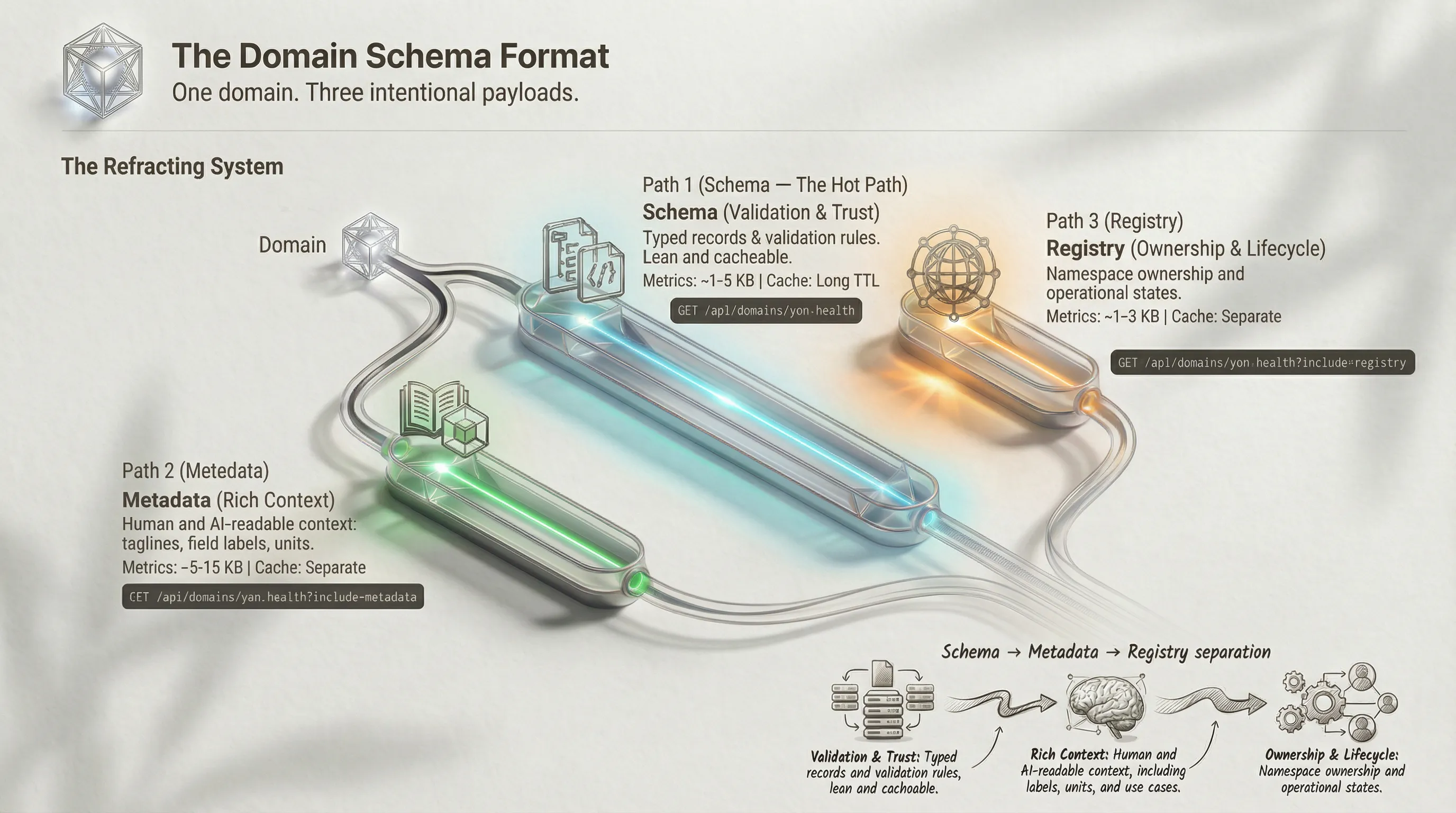 The Domain Schema Format — One domain, three intentional payloads: Schema (Validation & Trust), Metadata (Rich Context), Registry (Ownership & Lifecycle)