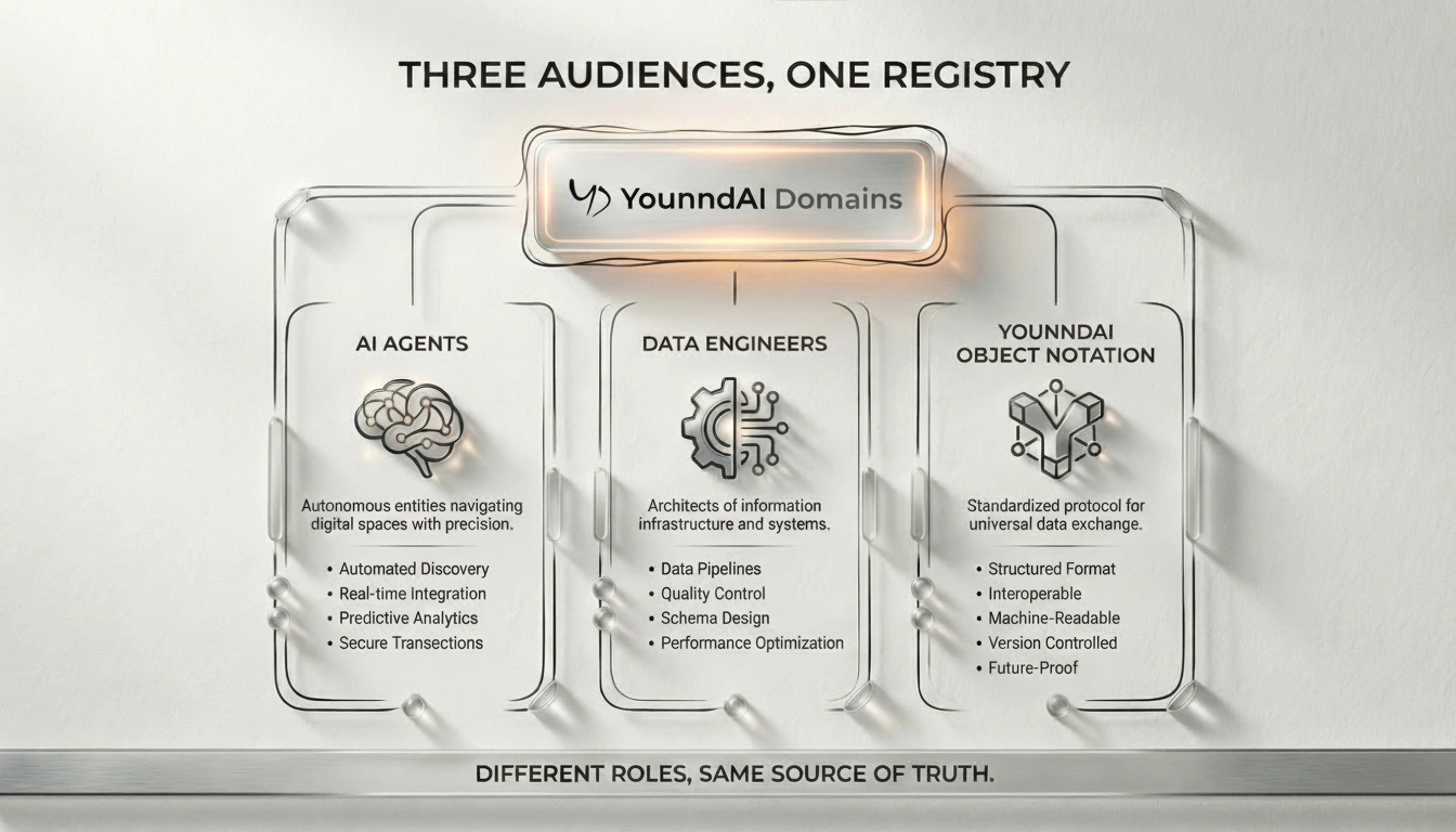 Three Audiences, One Registry — AI Agents, Data Engineers, and YON Users all consume the same schema registry